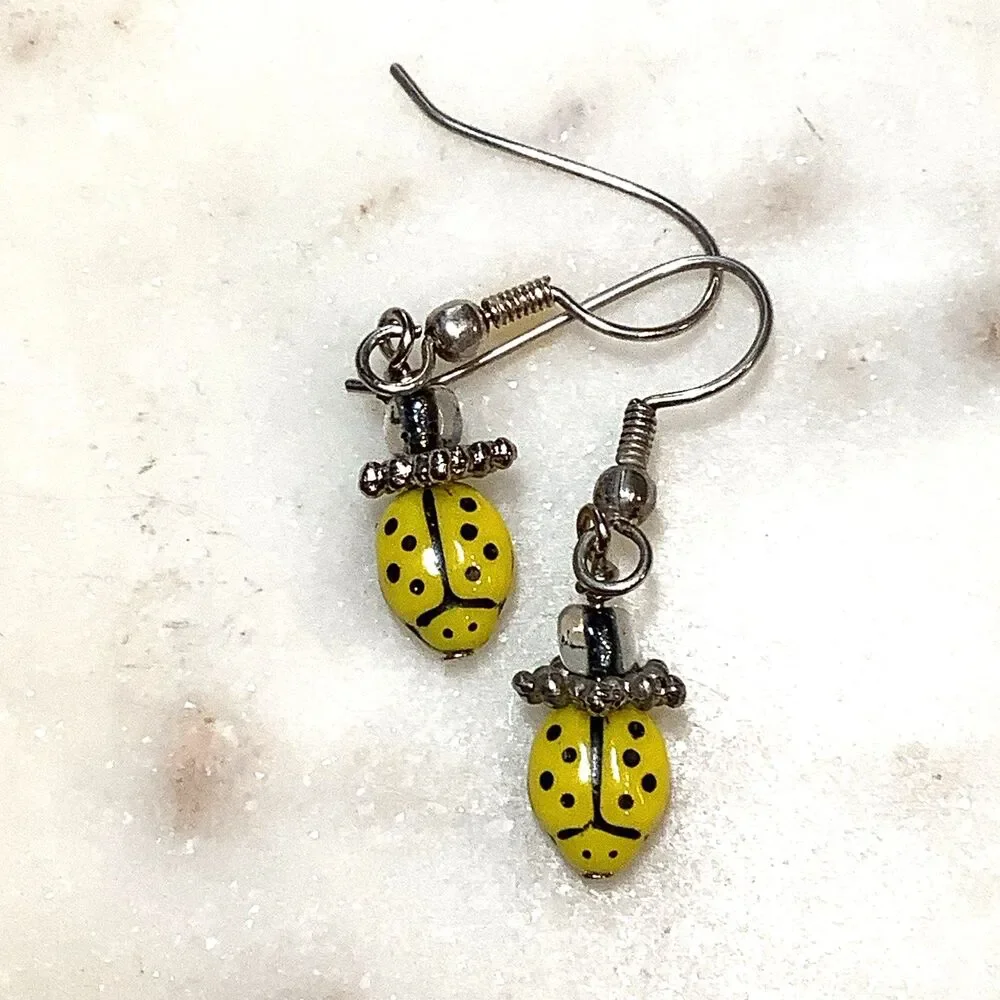 Yellow Ladybug Earrings Glass Beads with Silver Hook Wires